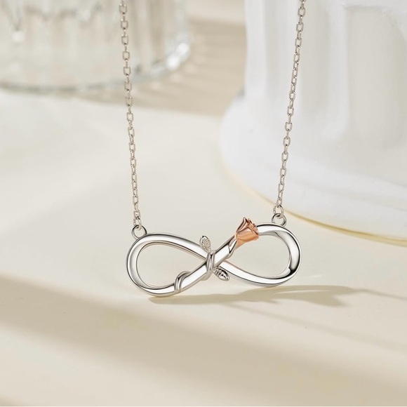 ELEGANT STERLING SILVER 925 INFINITY NECKLACE WITH ROSE GOLD FLOWER - Picture 2 of 4